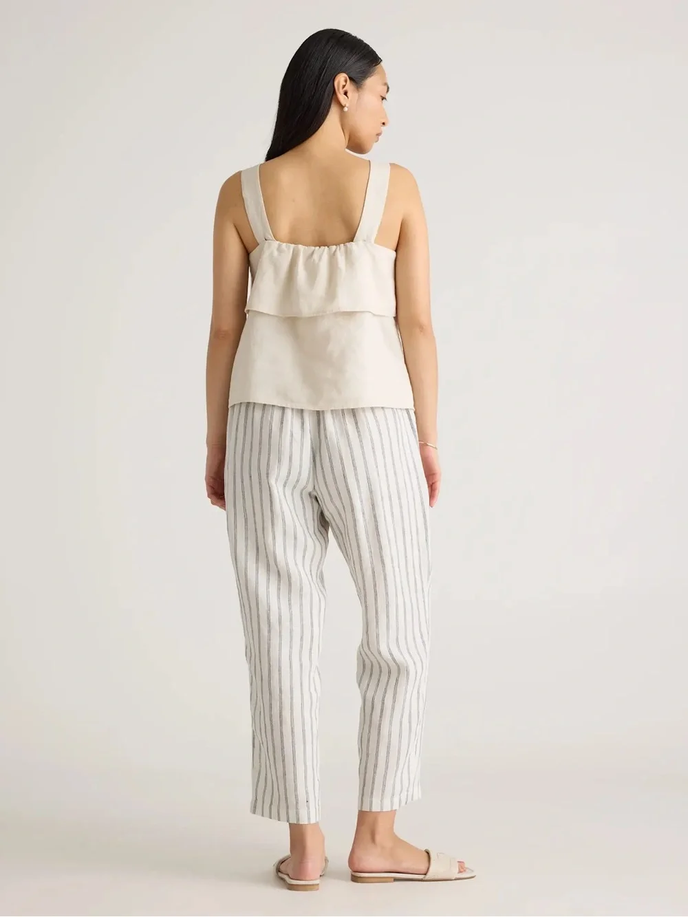 Quince 100% European Linen Stripe Pull-On Pants White Black XS Coastal